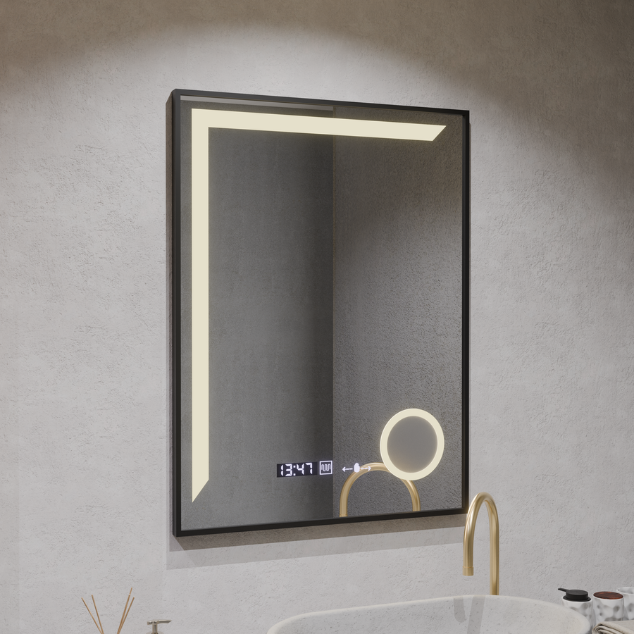 Specchio LED Francesca Sensore MotionGlow 60x80 cm Luce Calda/Fredda/Neutra Dimmerabile Cornice Nera Sistema Disappannante Spazzolato Termometro Orologio Collezione Marcello Funghi Marcello Specchi Titolo predefinito Alessandro Design