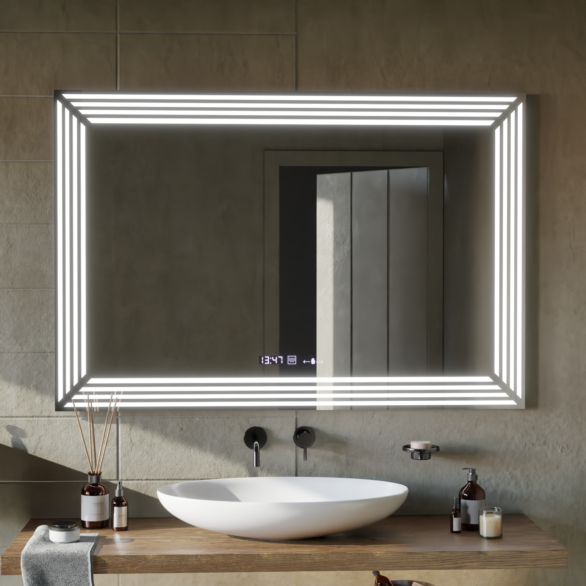Specchio LED rettangolare, 120x80cm, sensore Venezia Marcello MotionGlow, sistema antiappannamento, orologio e termometro, specchi Dimabila Marcello Titolo predefinito Alessandro Design