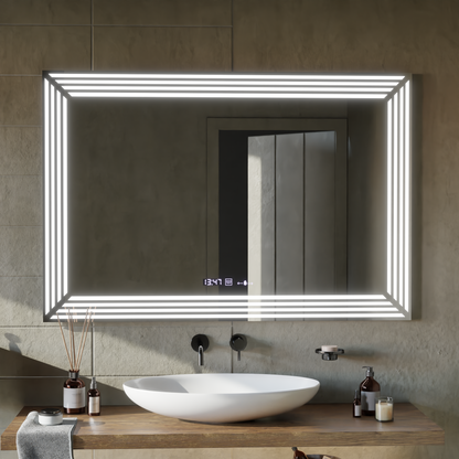 Specchio LED rettangolare, 120x80cm, sensore Venezia Marcello MotionGlow, sistema antiappannamento, orologio e termometro, specchi Dimabila Marcello Titolo predefinito Alessandro Design