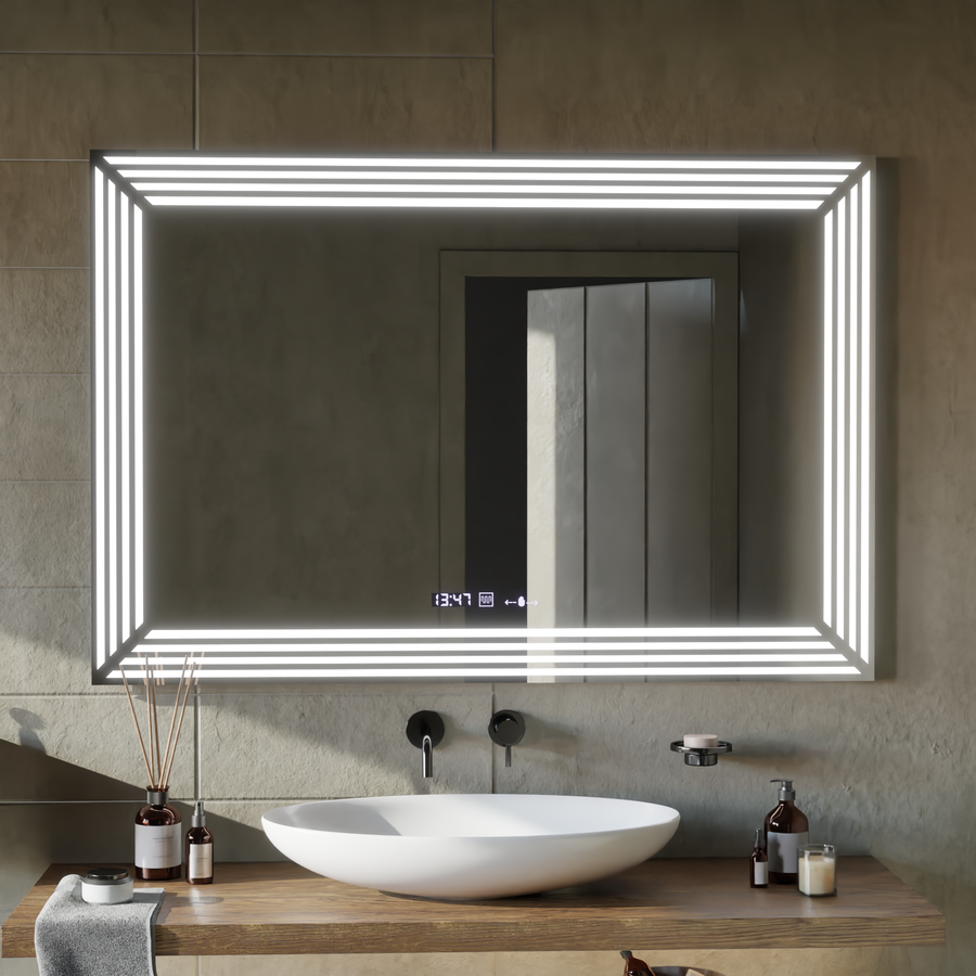 Specchio LED rettangolare, 120x80cm, sensore Venezia Marcello MotionGlow, sistema antiappannamento, orologio e termometro, specchi Dimabila Marcello Titolo predefinito Alessandro Design