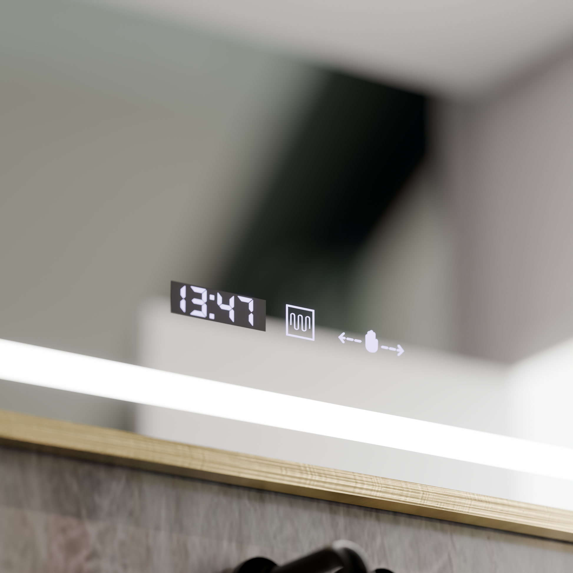 Specchio rettangolare a LED, 120x80 cm, Eclat MotionGlow Marcello, sistema antiappannante, orologio e termometro, lente d'ingrandimento cosmetica, dimmerabile, cornice oro spazzolato Marcello Mirrors Titolo predefinito Alessandro Design
