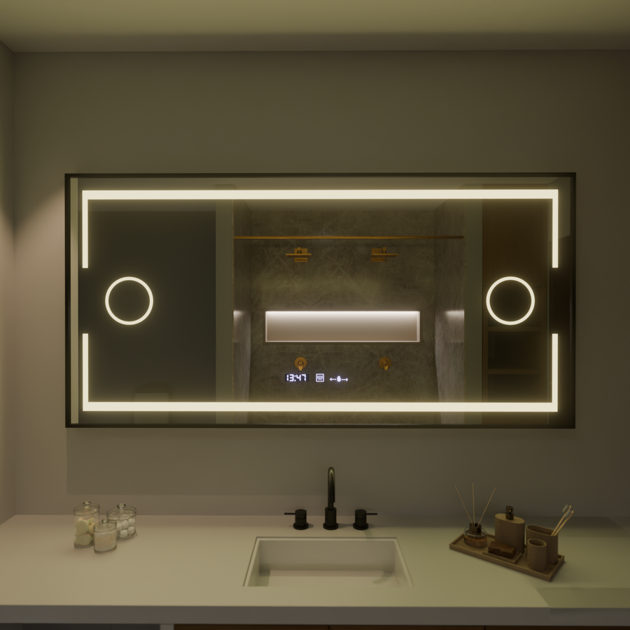 Specchio rettangolare a LED, 160x80 cm, sensore Marcello MotionGlow, sistema antiappannamento, orologio e termometro, lente d'ingrandimento cosmetica, specchi Marcello dimmerabili Titolo predefinito Alessandro Design