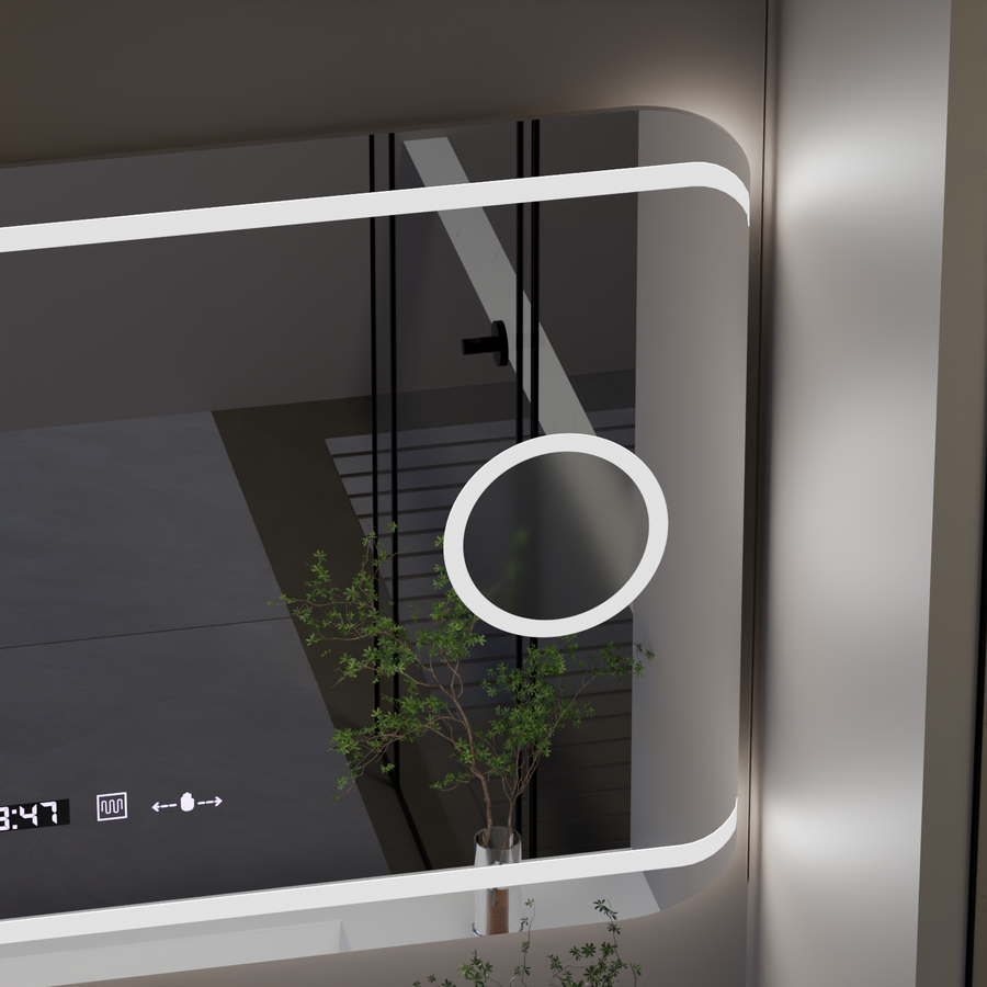 Specchio rettangolare a LED, 100x60 cm, definizione MotionGlow Marcello, sistema antiappannamento, orologio e termometro, lente d'ingrandimento cosmetica, specchi Marcello dimmerabili Titolo predefinito Alessandro Design