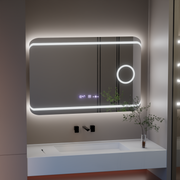 Specchio rettangolare a LED, 100x60 cm, definizione MotionGlow Marcello, sistema antiappannamento, orologio e termometro, lente d'ingrandimento cosmetica, specchi Marcello dimmerabili Titolo predefinito Alessandro Design