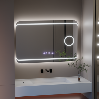 Specchio rettangolare a LED, 100x60 cm, definizione MotionGlow Marcello, sistema antiappannamento, orologio e termometro, lente d'ingrandimento cosmetica, specchi Marcello dimmerabili Titolo predefinito Alessandro Design