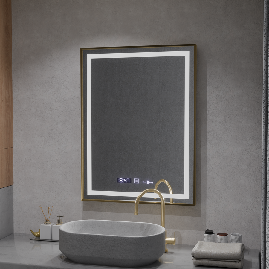 Specchio rettangolare a LED, 60x80 cm, Verite Royale Gold MotionGlow Marcello, sistema antiappannante, orologio e termometro, specchi dimmerabili Marcello Titolo predefinito Alessandro Design