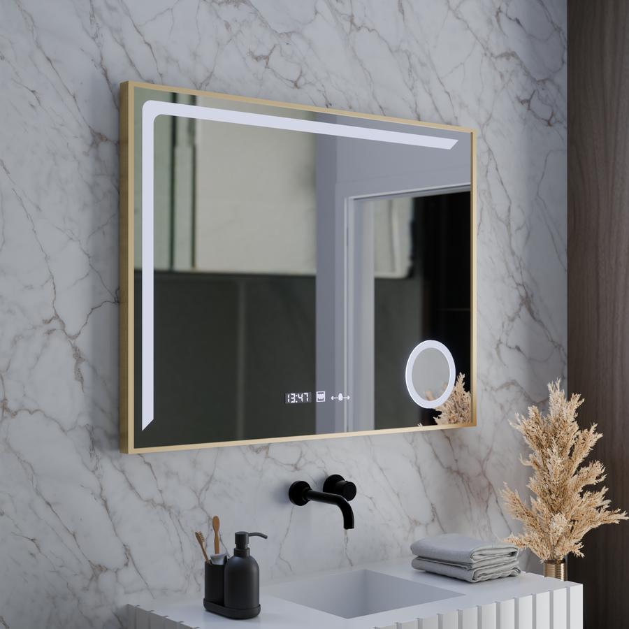 Specchio LED Sensore MotionGlow Rosalia 80x60 cm Luce Calda/Fredda/Neutra Dimmerabile Sistema di Disappannamento Termometro Orologio Collezione Marcello Funghi Marcello Specchi Titolo predefinito Alessandro Design