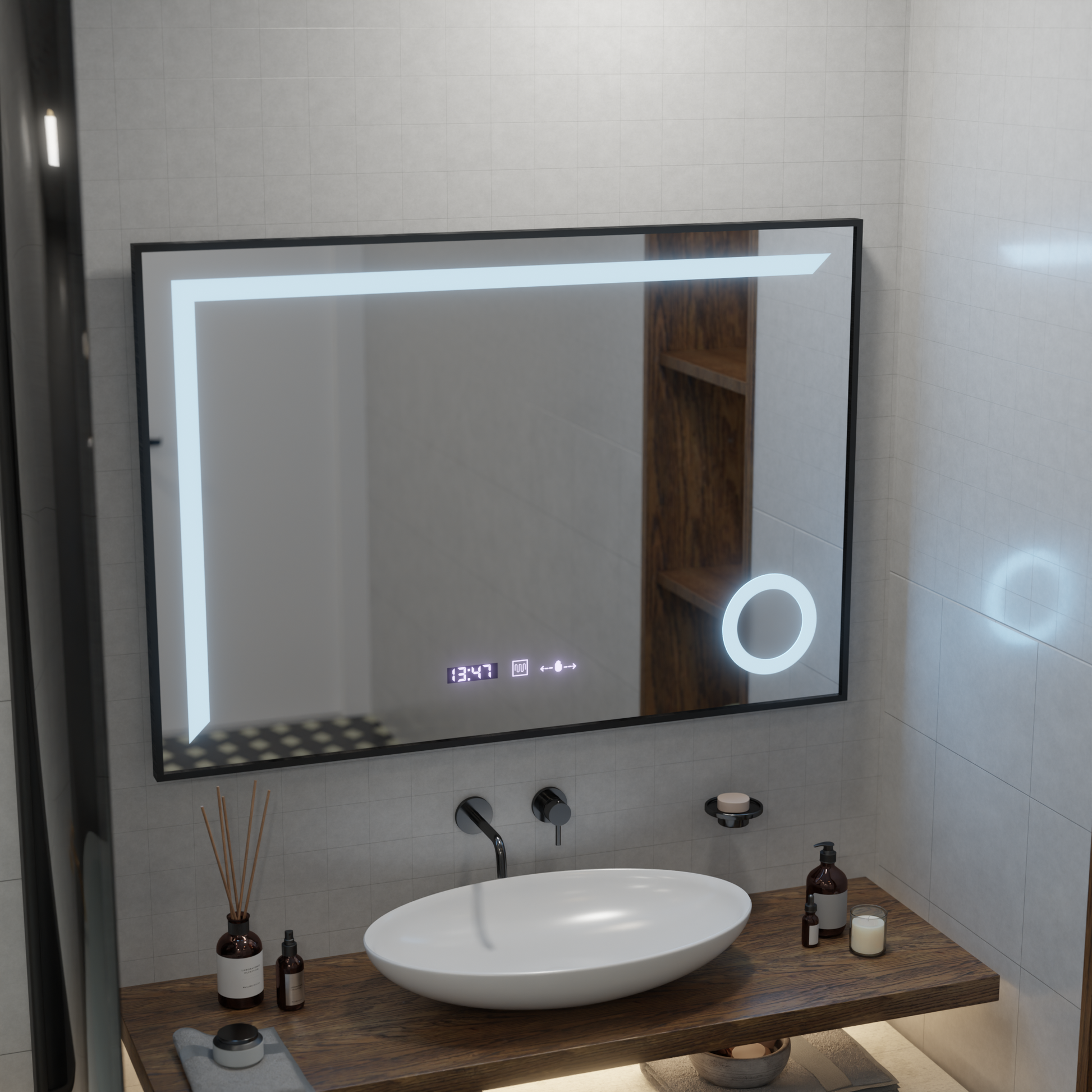 Specchio LED MotionGlow Sofia sensore con funzione antiappannante Termometro Orologio 110x75 cm Dimmerabile Luce Calda/Fredda/Neutra, Cornice Nera Spazzolata, Collezione Marcello Funghi Marcello Specchi Titolo predefinito Alessandro Design