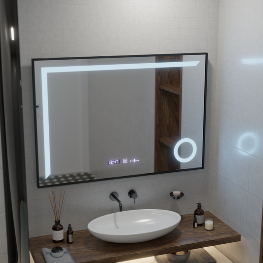 Specchio LED MotionGlow Sofia sensore con funzione antiappannante Termometro Orologio 110x75 cm Dimmerabile Luce Calda/Fredda/Neutra, Cornice Nera Spazzolata, Collezione Marcello Funghi Marcello Specchi Titolo predefinito Alessandro Design