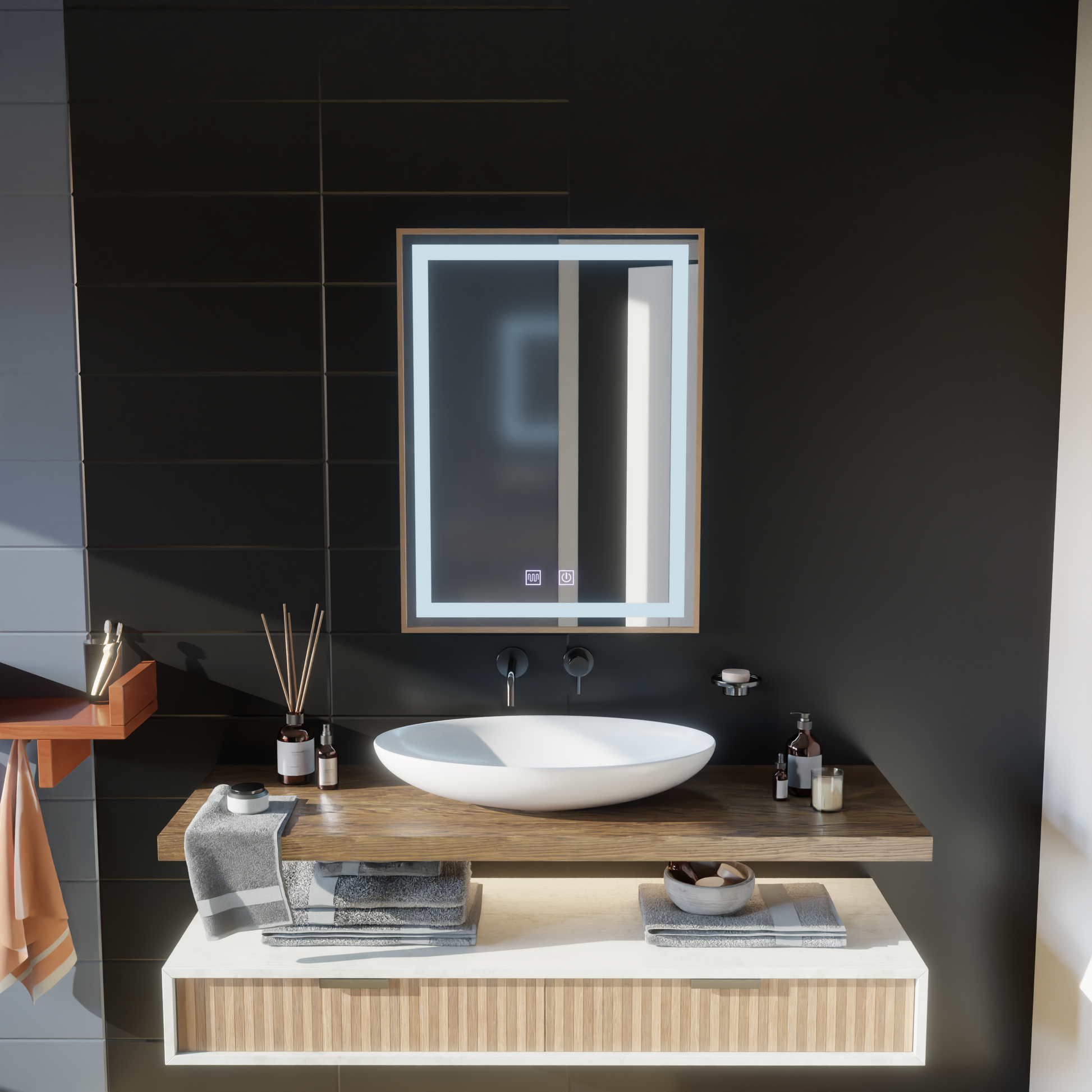 Oglinda LED Touch Kariri, 60x80 cm, functie Dezaburire, Rama Gold Rose Brushed Oglinzi Korman E Default Title Alessandro Design
