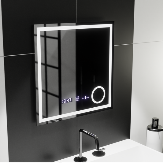 Specchio rettangolare a LED, 60x60 cm, Souverain MotionGlow Marcello, sistema antiappannamento, orologio e termometro, lente d'ingrandimento cosmetica, specchi Marcello dimmerabili Titolo predefinito Alessandro Design