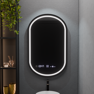 Specchio ovale a LED, 50x90 cm, Alessia MotionGlow Marcello, sistema antiappannamento, orologio e termometro, dimmerabile