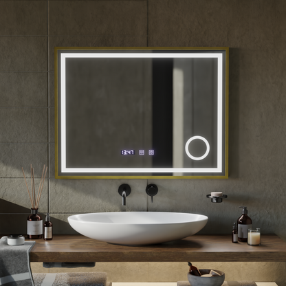 LED Touch CLARUS Specchio con sistema antiappannante, orologio e temperatura 80x60 cm Cornice dorata Specchi ingranditori cosmetici spazzolati Korman S Titolo predefinito Alessandro Design