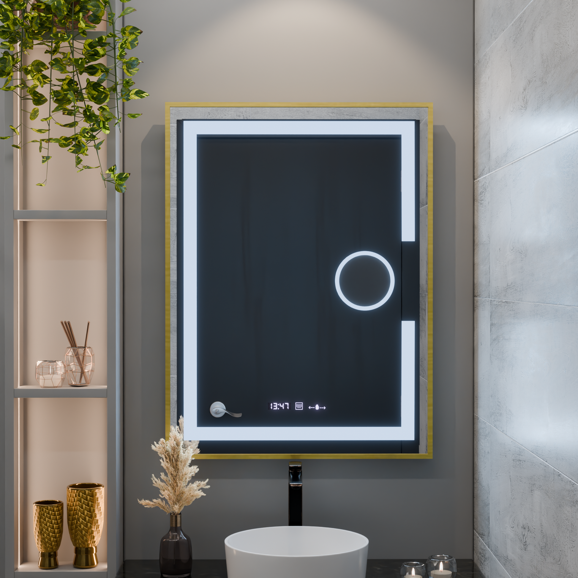 Specchio rettangolare a LED, 60x80 cm, Eclat MotionGlow Marcello, sistema antiappannamento, orologio e termometro, lente d'ingrandimento cosmetica, dimmerabile, cornice oro spazzolato Marcello Mirrors Titolo predefinito Alessandro Design