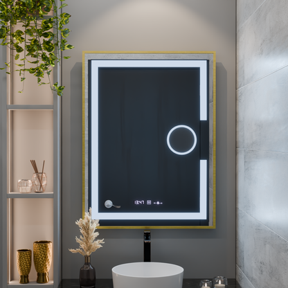 Specchio rettangolare a LED, 60x80 cm, Eclat MotionGlow Marcello, sistema antiappannamento, orologio e termometro, lente d'ingrandimento cosmetica, dimmerabile, cornice oro spazzolato Marcello Mirrors Titolo predefinito Alessandro Design