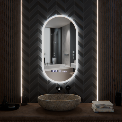 Specchio ovale a LED, 50x100 cm, sensore Lucia Marcello, sistema antiappannamento, orologio e termometro, specchi dimmerabili Korman E Titolo predefinito Alessandro Design