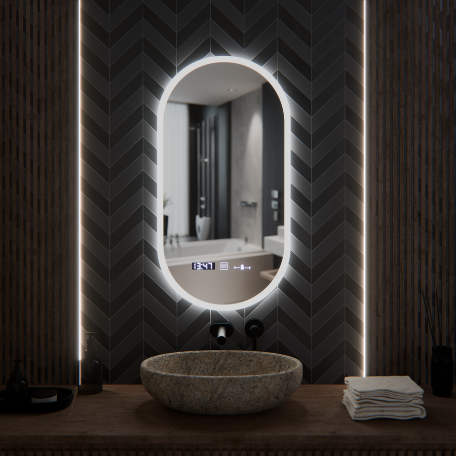 Specchio ovale a LED, 50x100 cm, sensore Lucia Marcello, sistema antiappannamento, orologio e termometro, specchi dimmerabili Korman E Titolo predefinito Alessandro Design