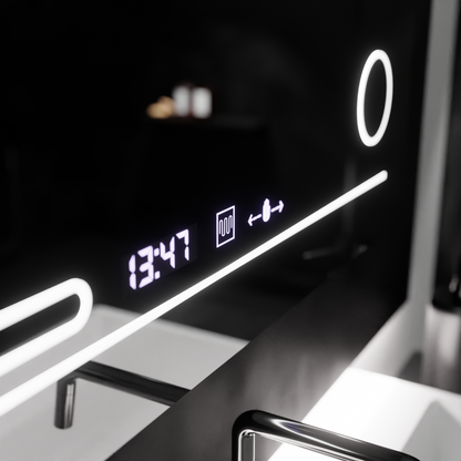 Specchio rettangolare a LED, 80x60 cm, Harmonie MotionGlow Marcello, Sistema antiappannante, Termometro e Orologio, Lente d'ingrandimento cosmetica, Specchi dimmerabili Marcello Titolo predefinito Alessandro Design