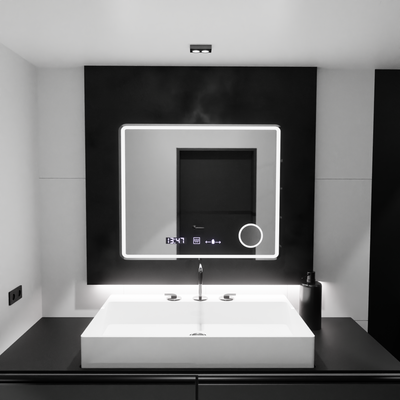 Specchio rettangolare a LED, 90x75 cm, Riflesso MotionGlow Marcello, sistema antiappannamento, orologio e termometro, lente d'ingrandimento cosmetica, dimmerabile