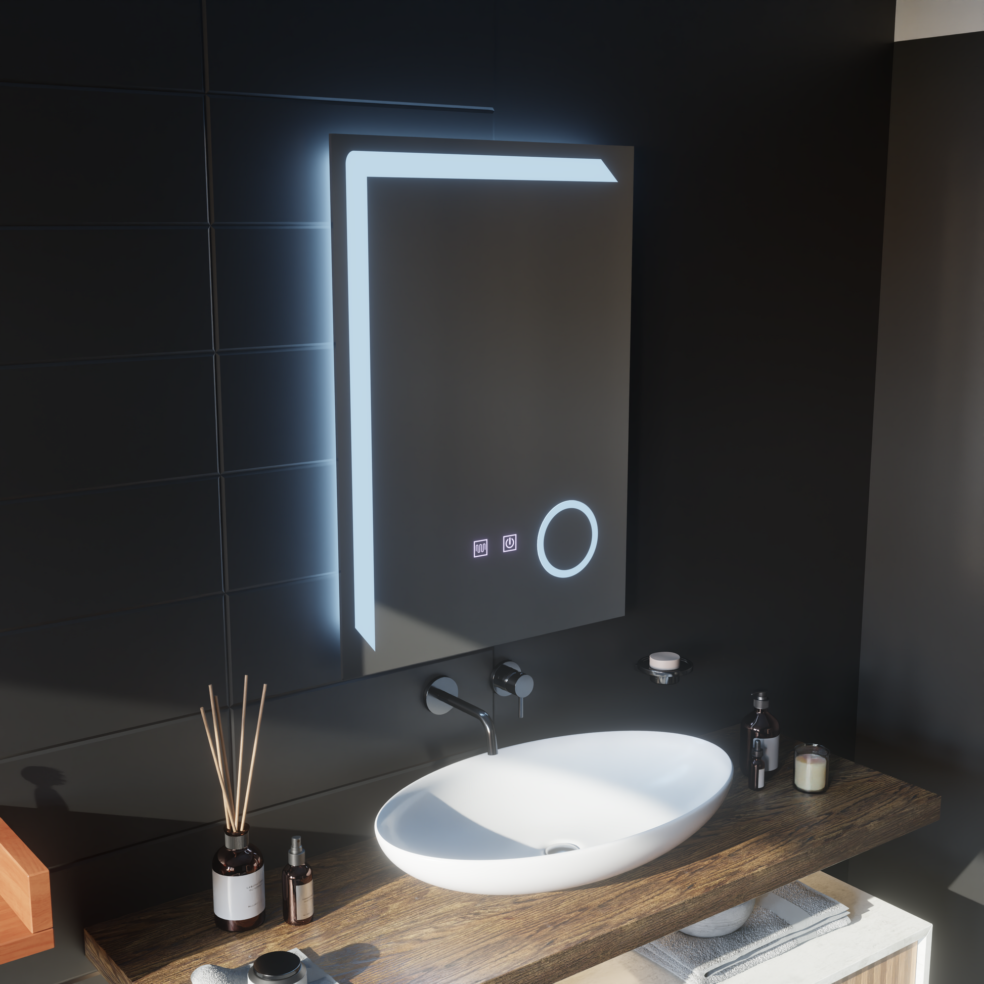 Specchio LED rettangolare, 60x80cm, Linea Touch, Sistema Demister, Specchi Dimmerabili Korman E Titolo predefinito Alessandro Design