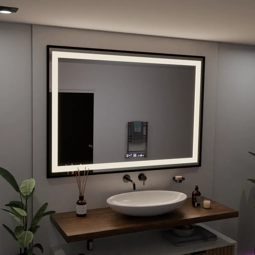 Specchio rettangolare a LED, 100x65 cm, Verite Majeste Noir Motion Glow Marcello, sistema antiappannamento, orologio e termometro, specchi dimmerabili Marcello Titolo predefinito Alessandro Design