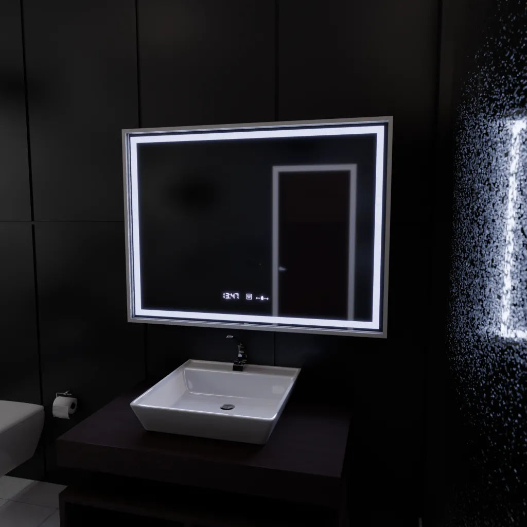 Specchio rettangolare a LED, 120x80 cm, Verite Imperial Silver Motion Glow Marcello, sistema antiappannamento, orologio e termometro, specchi dimmerabili Marcello Titolo predefinito Alessandro Design