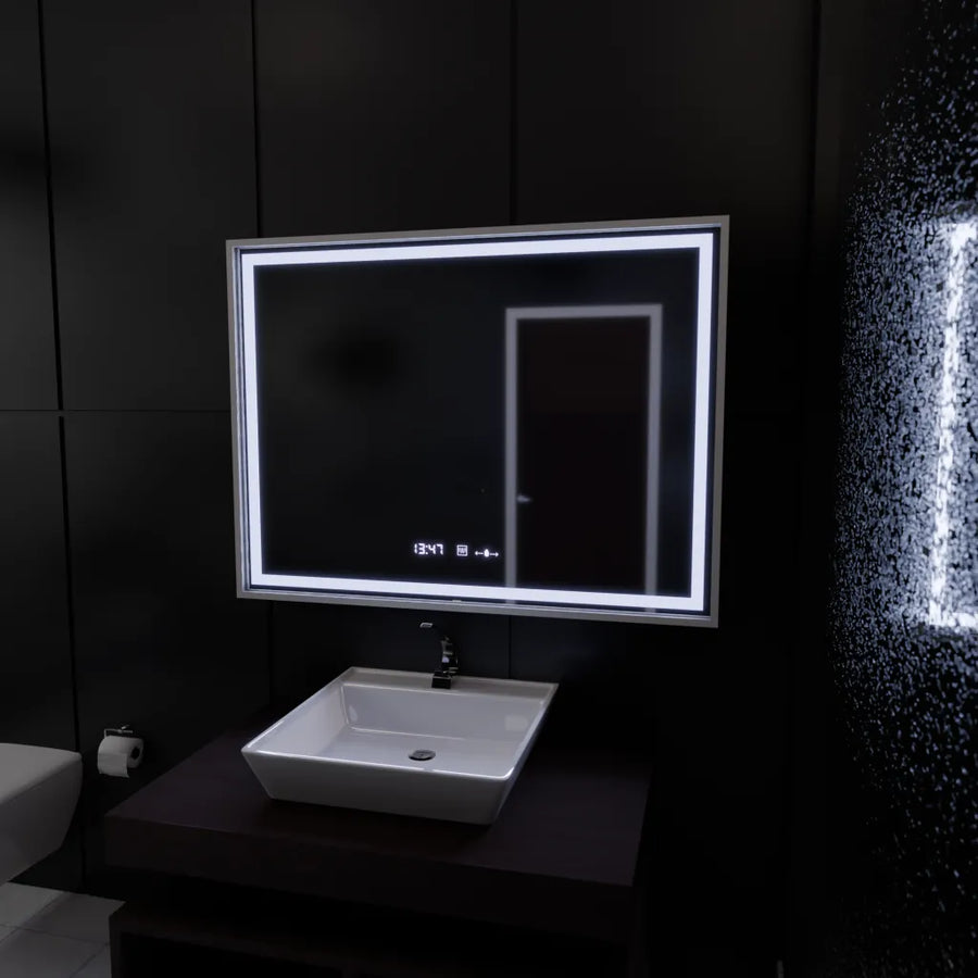 Specchio rettangolare a LED, 120x80 cm, Verite Imperial Silver Motion Glow Marcello, sistema antiappannamento, orologio e termometro, specchi dimmerabili Marcello Titolo predefinito Alessandro Design