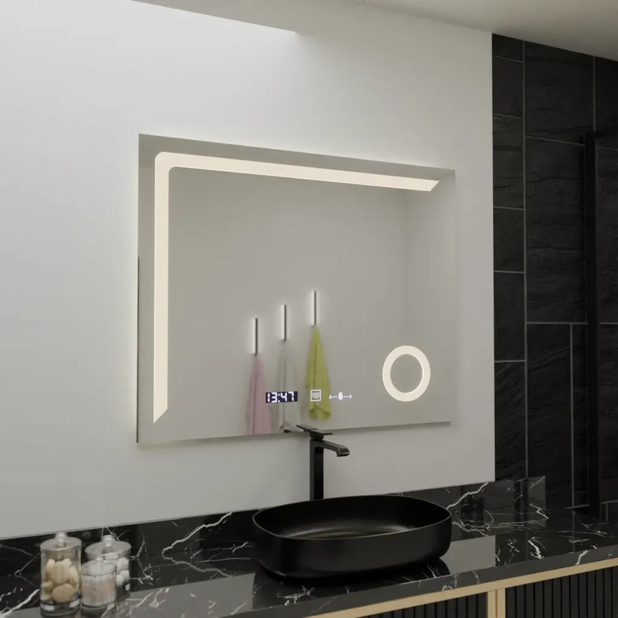 Specchio rettangolare a LED, 100x80 cm, Precision MotionGlow Marcello, sistema antiappannamento, orologio e termometro, lente d'ingrandimento cosmetica, specchi dimmerabili Marcello Titolo predefinito Alessandro Design