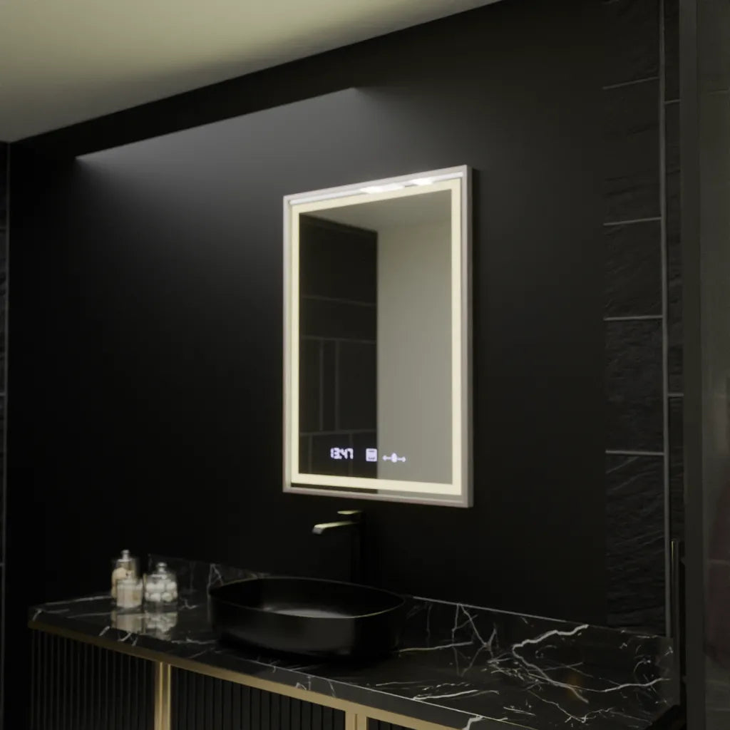 Specchio rettangolare a LED, 60x80 cm, Verite Imperial Silver Motion Glow Marcello, sistema antiappannamento, orologio e termometro, specchi dimmerabili Marcello Titolo predefinito Alessandro Design