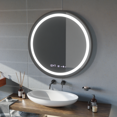 Specchio rotondo a LED, 100 cm, Celeste Majesté Noir MotionGlow Marcello, sistema antiappannamento, orologio e termometro, dimmerabile