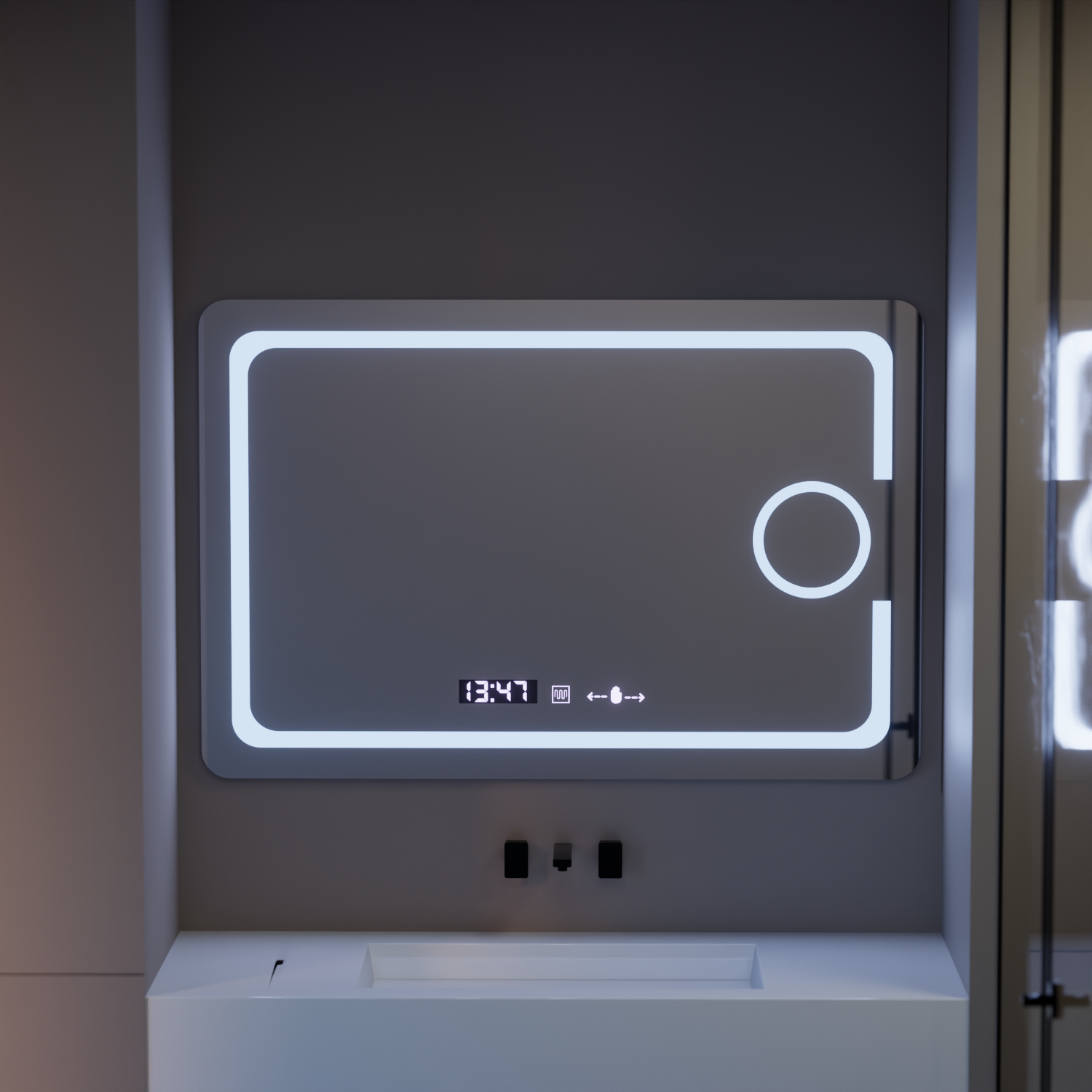 Specchio rettangolare a LED, 110x75 cm, Eclat MotionGlow Marcello, sistema antiappannamento, orologio e termometro, lente d'ingrandimento cosmetica, specchi dimmerabili Marcello Titolo predefinito Alessandro Design