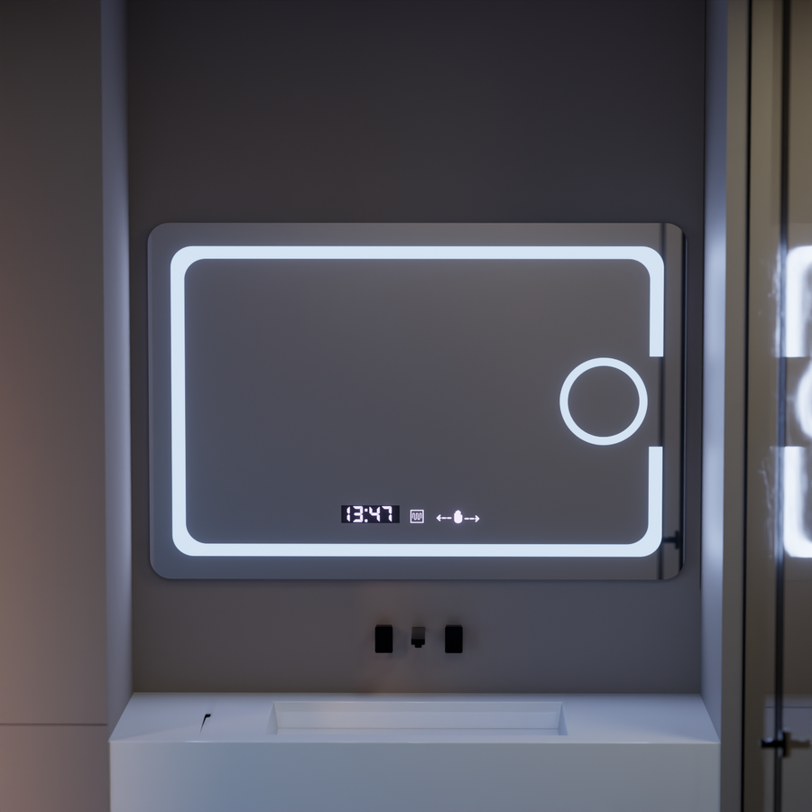 Specchio rettangolare a LED, 110x75 cm, Eclat MotionGlow Marcello, sistema antiappannamento, orologio e termometro, lente d'ingrandimento cosmetica, specchi dimmerabili Marcello Titolo predefinito Alessandro Design