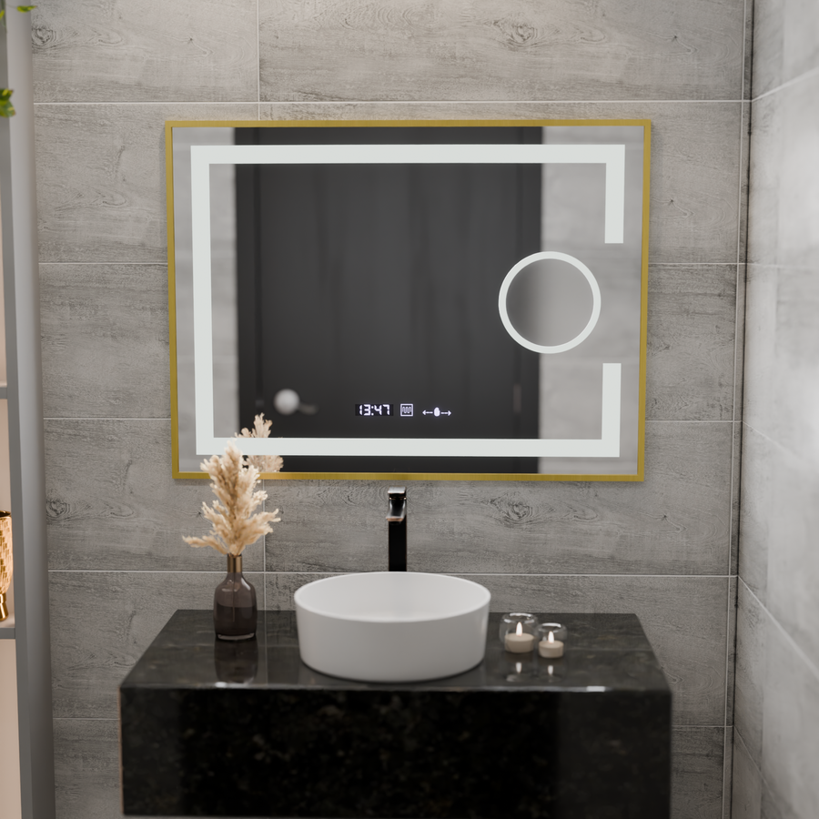 Specchio rettangolare a LED, 80x60 cm, Eclat MotionGlow Marcello, sistema antiappannamento, orologio e termometro, lente d'ingrandimento cosmetica, dimmerabile, cornice oro spazzolato Marcello Mirrors Titolo predefinito Alessandro Design