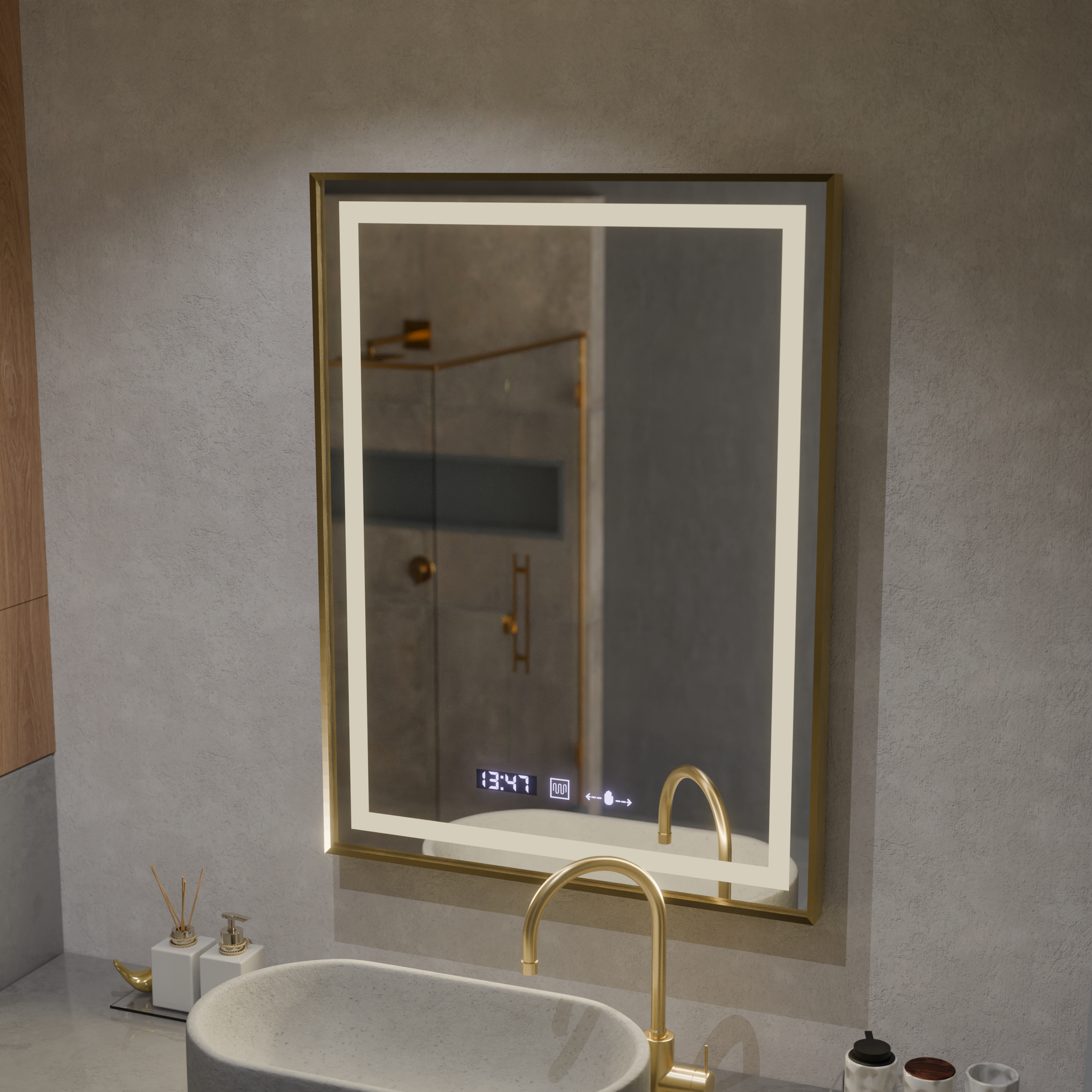 Specchio rettangolare a LED, 60x80 cm, Verite Royale Gold MotionGlow Marcello, sistema antiappannante, orologio e termometro, specchi dimmerabili Marcello Titolo predefinito Alessandro Design