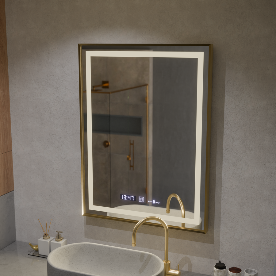 Specchio rettangolare a LED, 60x80 cm, Verite Royale Gold MotionGlow Marcello, sistema antiappannante, orologio e termometro, specchi dimmerabili Marcello Titolo predefinito Alessandro Design