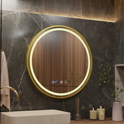 LUSSO LED Specchio Touch, Sistema Antiappannante, Orologio e Temperatura, Diametro 60cm, Cornice Oro Spazzolato, Luce Calda Neutra 3000K/4500K/6000K, Dimmerabile