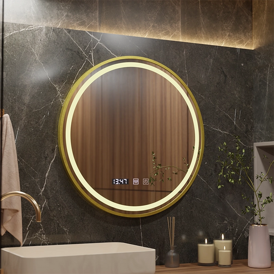 LUSSO LED Specchio Touch, Sistema Antiappannante, Orologio e Temperatura, Diametro 60cm, Cornice Oro Spazzolato, Luce Calda Neutra 3000K/4500K/6000K, Dimmerabile