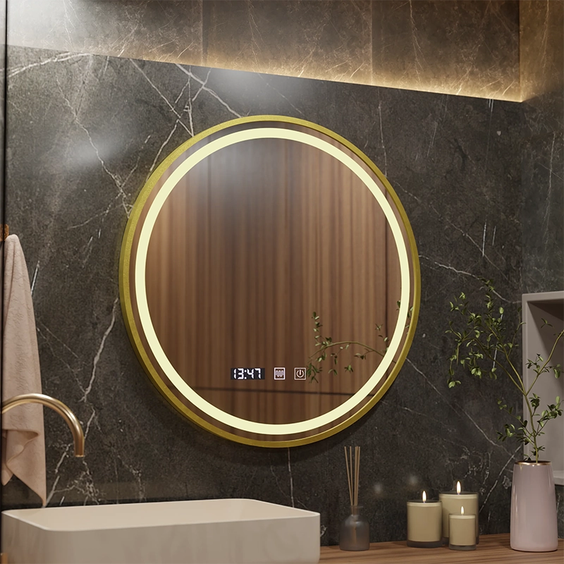 LUSSO LED Specchio Touch, Sistema Antiappannante, Orologio e Temperatura, Diametro 60cm, Cornice Oro Spazzolato, Luce Calda Neutra 3000K/4500K/6000K, Dimmerabile