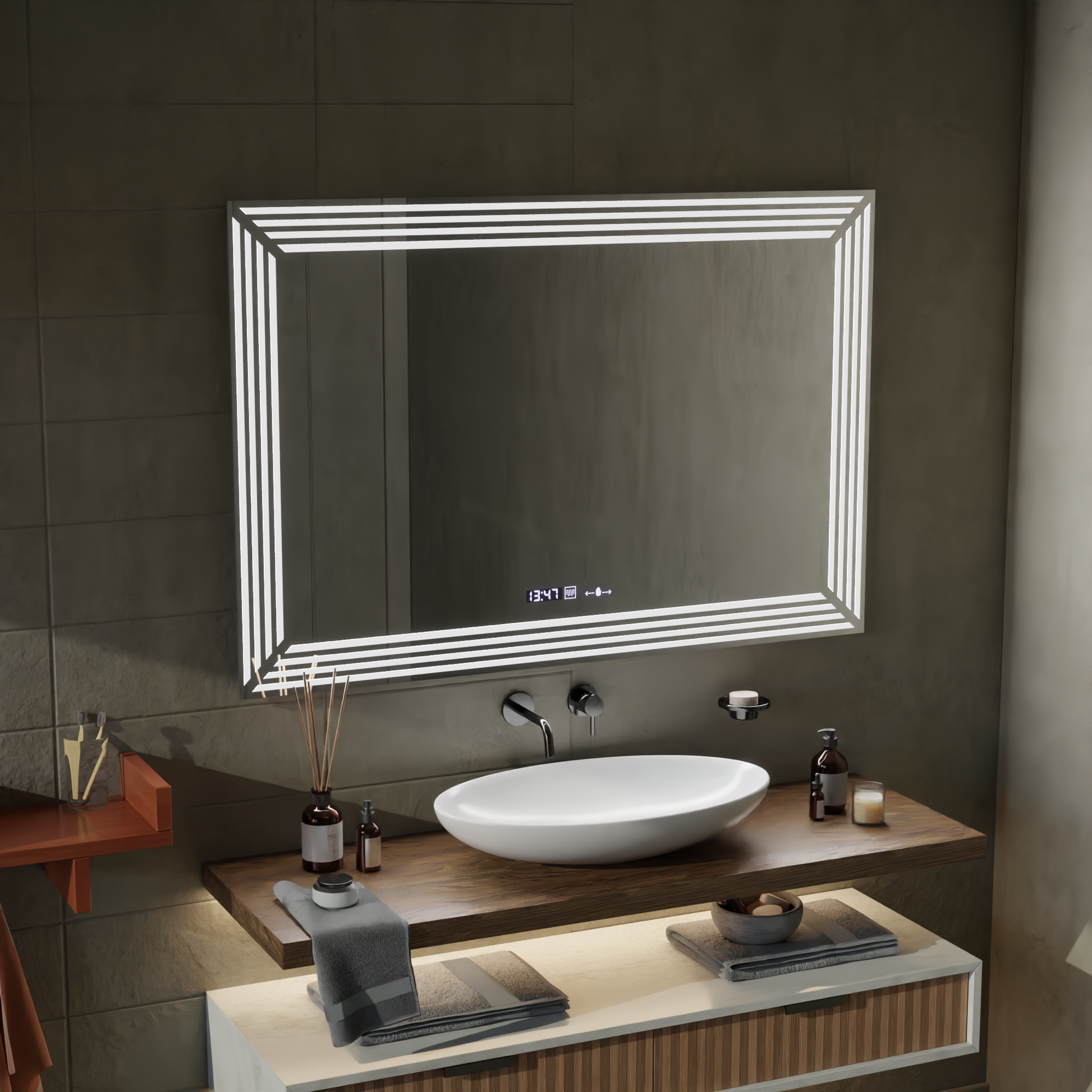 Specchio LED rettangolare, 120x80cm, sensore Venezia Marcello MotionGlow, sistema antiappannamento, orologio e termometro, specchi Dimabila Marcello Titolo predefinito Alessandro Design
