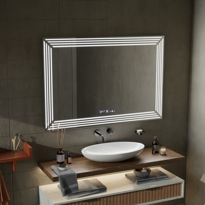 Specchio LED rettangolare, 120x80cm, sensore Venezia Marcello MotionGlow, sistema antiappannamento, orologio e termometro, specchi Dimabila Marcello Titolo predefinito Alessandro Design