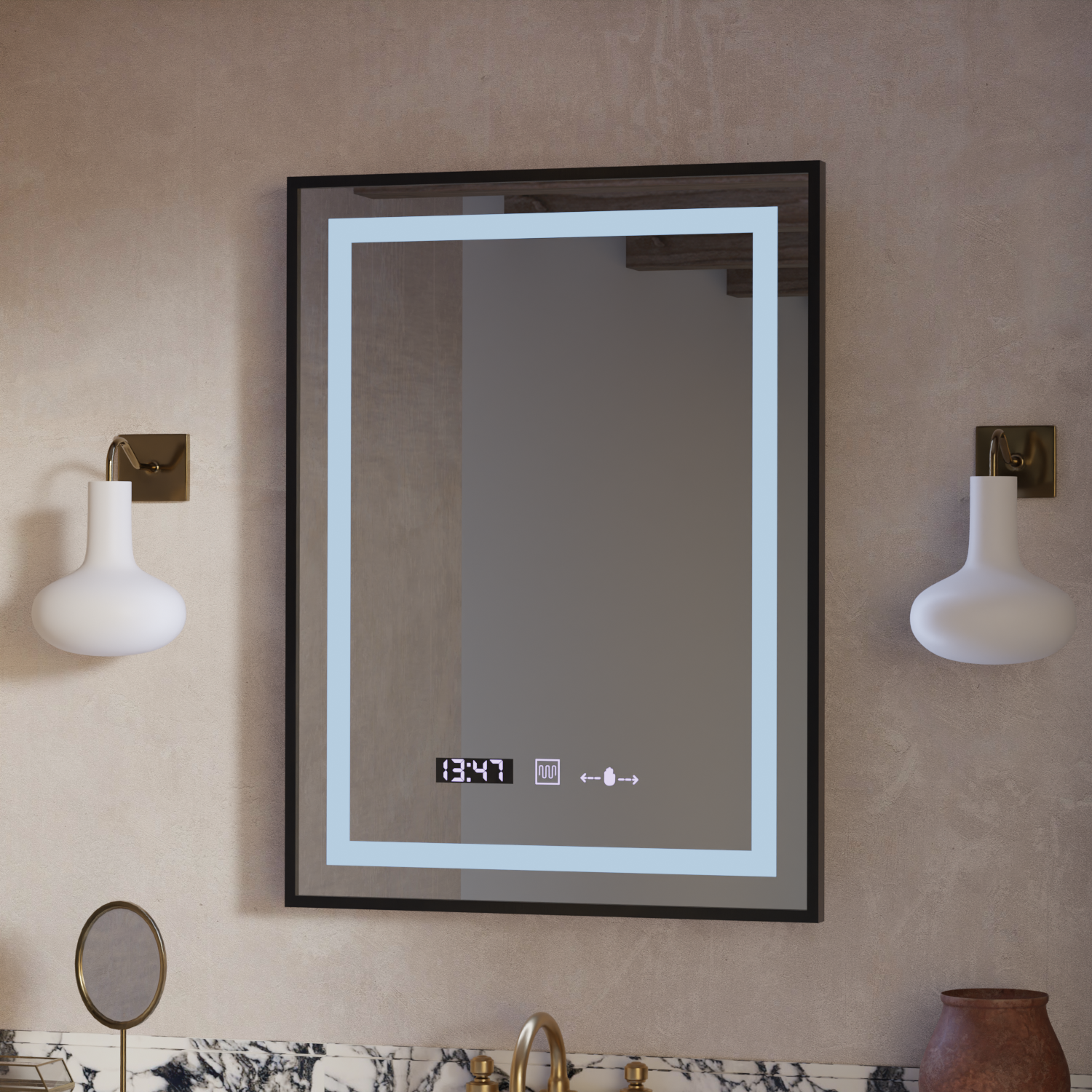Specchio rettangolare a LED, 50x70 cm, Verite Majeste Noir Motion Glow Marcello, sistema antiappannamento, orologio e termometro, specchi dimmerabili Marcello Titolo predefinito Alessandro Design
