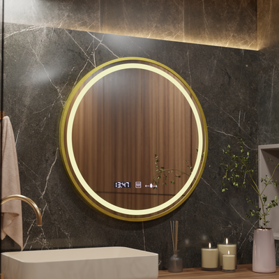 Specchio rotondo a LED, 80 cm, Celeste Royale Gold MotionGlow Marcello, luce calda/neutra/fredda, sistema antiappannamento, orologio e termometro, dimmerabile