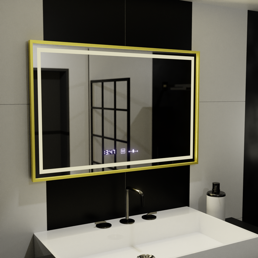 Specchio rettangolare a LED, 120x80 cm, Verite Royale Gold MotionGlow Marcello, sistema antiappannamento, orologio e termometro, specchi dimmerabili Marcello Titolo predefinito Alessandro Design