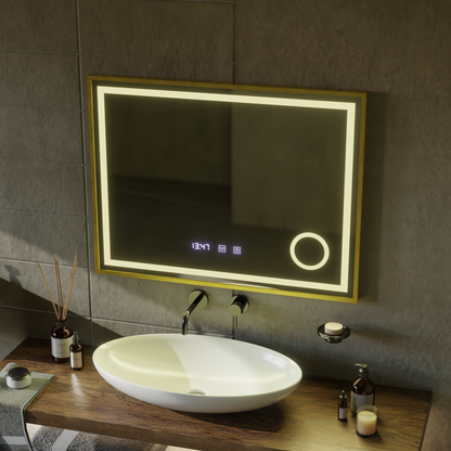 LED Touch CLARUS Specchio con sistema antiappannante, orologio e temperatura 80x60 cm Cornice dorata Specchi ingranditori cosmetici spazzolati Korman S Titolo predefinito Alessandro Design
