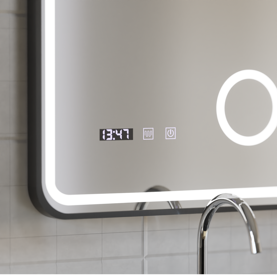 Ulrich LED Touch Mirror Sistema antiappannamento, orologio e temperatura 75x90 cm Cornice nera Specchi ingranditori cosmetici spazzolati Korman S Titolo predefinito Alessandro Design