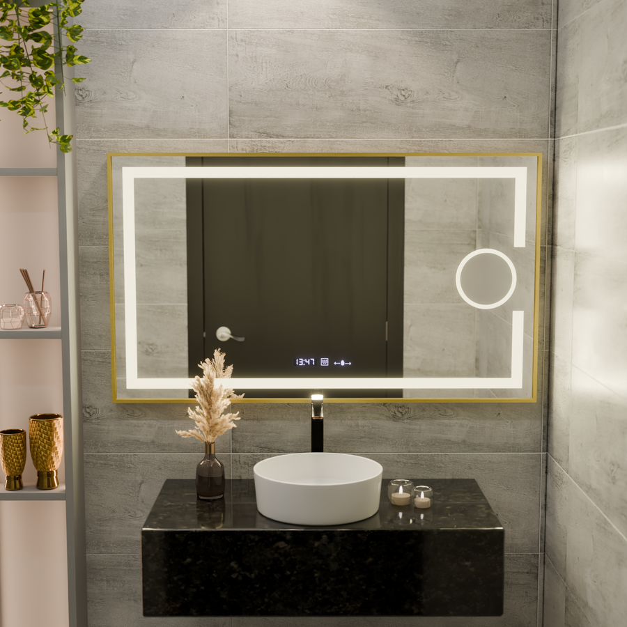 Specchio rettangolare a LED, 120x80 cm, Eclat MotionGlow Marcello, sistema antiappannante, orologio e termometro, lente d'ingrandimento cosmetica, dimmerabile, cornice oro spazzolato Marcello Mirrors Titolo predefinito Alessandro Design