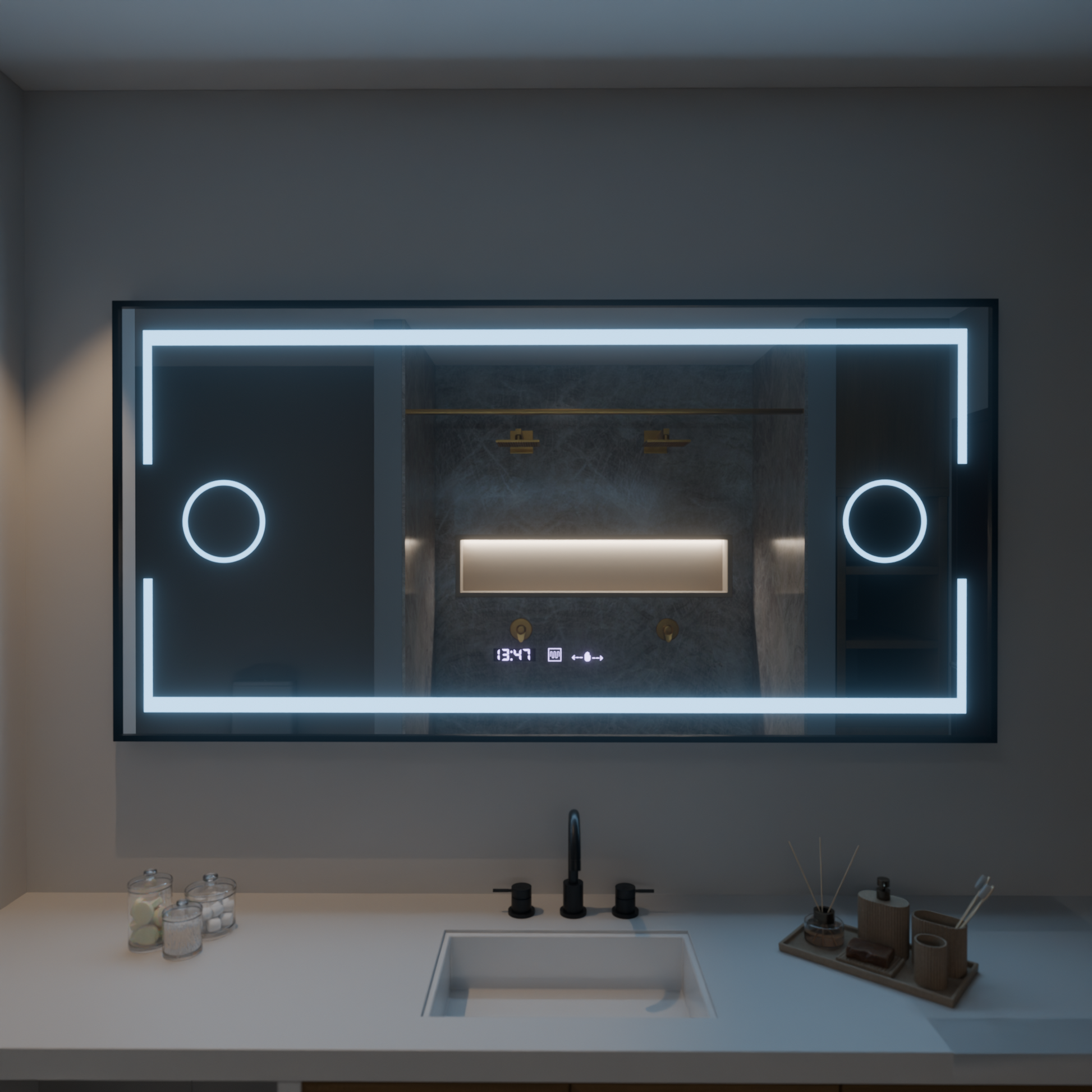 Specchio rettangolare a LED, 160x80 cm, sensore Marcello MotionGlow, sistema antiappannamento, orologio e termometro, lente d'ingrandimento cosmetica, specchi Marcello dimmerabili Titolo predefinito Alessandro Design