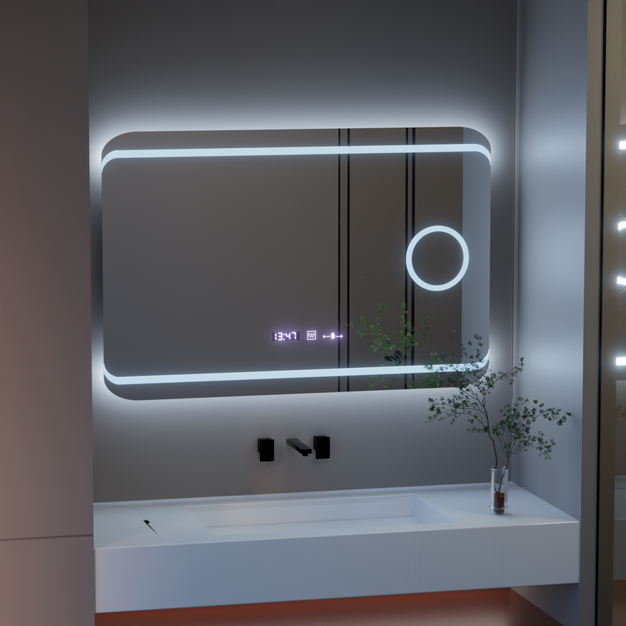 Specchio rettangolare a LED, 100x60 cm, definizione MotionGlow Marcello, sistema antiappannamento, orologio e termometro, lente d'ingrandimento cosmetica, specchi Marcello dimmerabili Titolo predefinito Alessandro Design