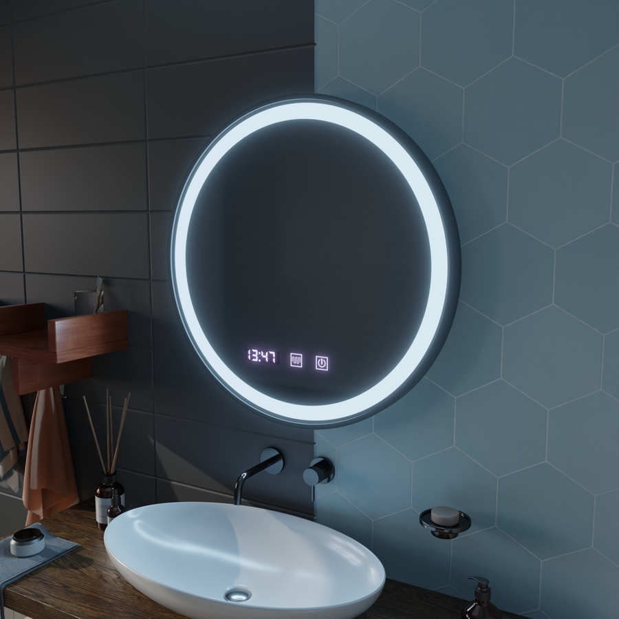 Specchio LED Touch NOVARA Sistema Demister, Orologio e Temperatura Cornice 80 cm Specchi Nero Spazzolato Korman S Titolo predefinito Alessandro Design