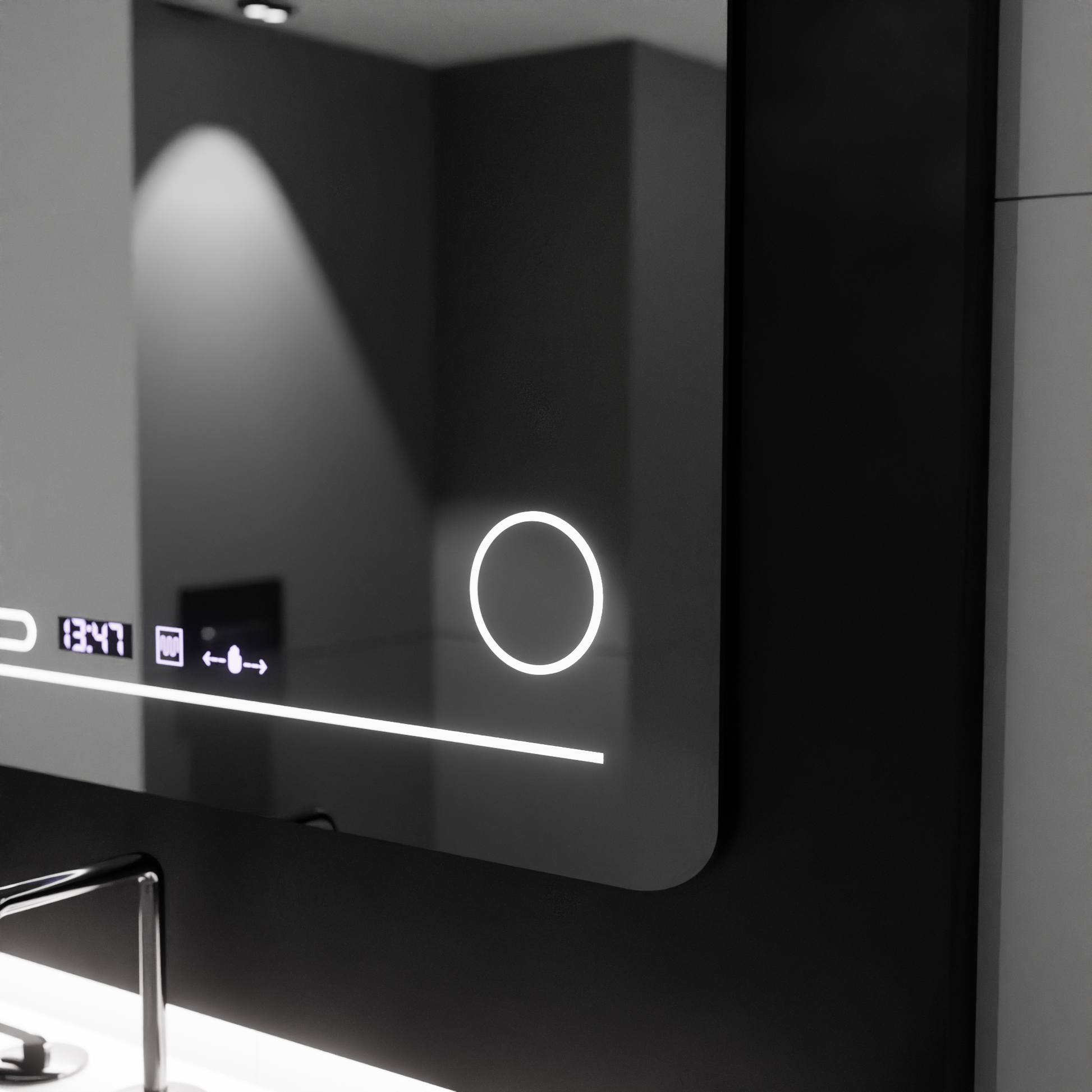 Specchio rettangolare a LED, 80x60 cm, Harmonie MotionGlow Marcello, Sistema antiappannante, Termometro e Orologio, Lente d'ingrandimento cosmetica, Specchi dimmerabili Marcello Titolo predefinito Alessandro Design